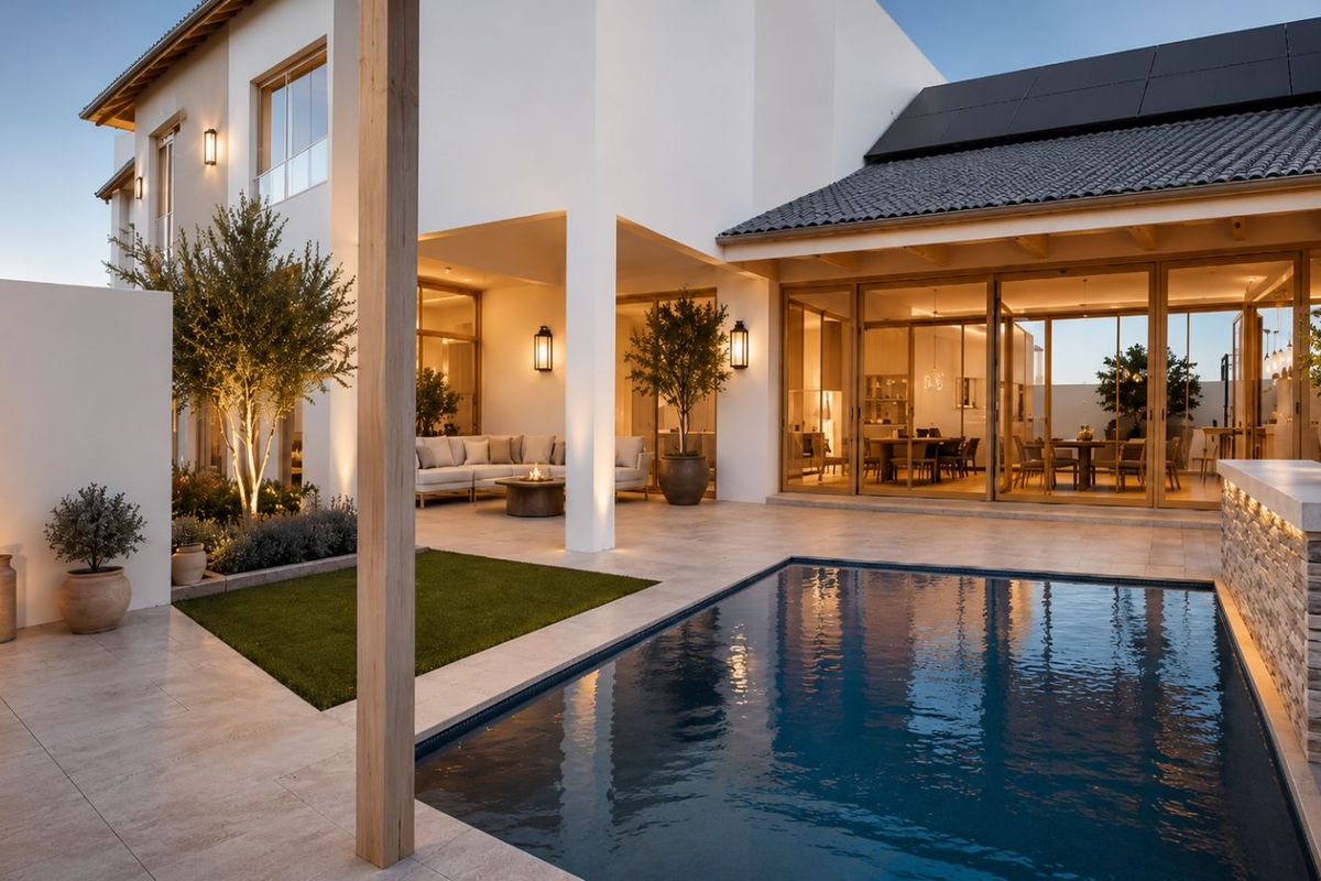 A luxurious rear exterior featuring a swimming pool, covered patio area, landscaped garden, and large glass sliding doors leading into the home.