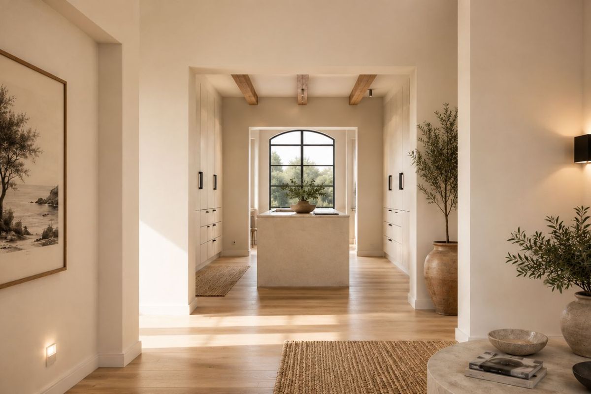 A beautifully designed, light-filled kitchen featuring a central stone island, custom cabinetry, exposed timber ceiling beams, and a large arched window.