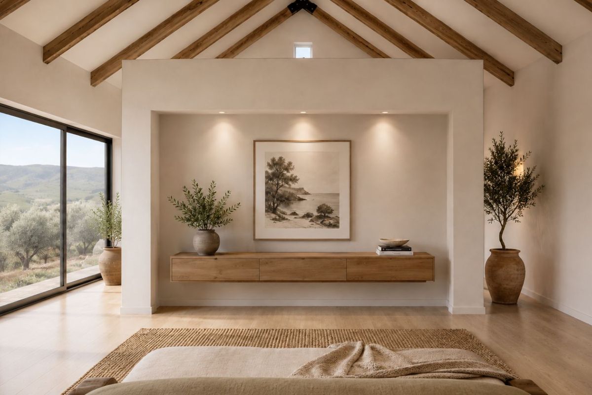 A bright, modern living space featuring exposed timber ceiling beams, a floating wooden media console, recessed lighting, and large sliding glass doors with scenic views.