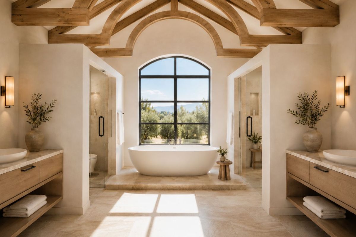 Luxurious primary bathroom featuring a central freestanding soaking tub, dual floating vanities with stone countertops, and exposed timber ceiling beams.