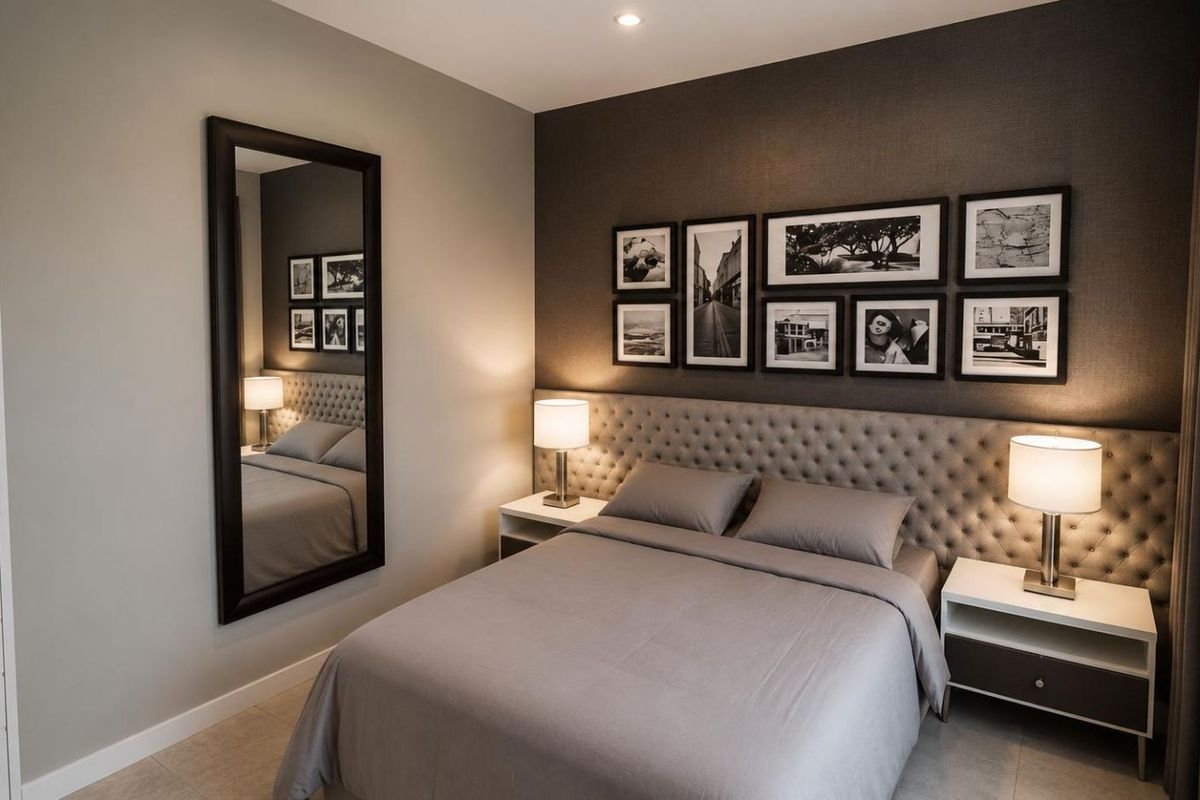 A modern, well-appointed bedroom featuring a tufted upholstered headboard, neutral wall finishes, and recessed ceiling lighting.