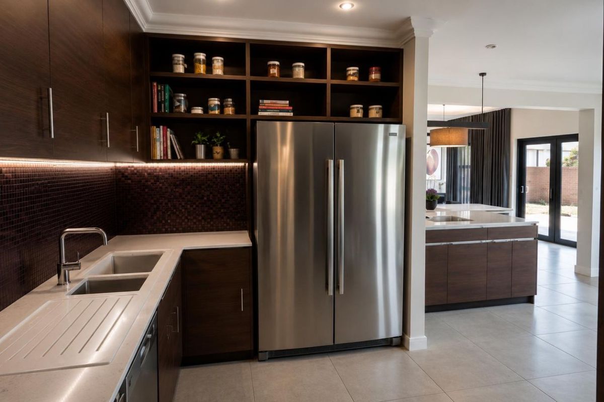 Modern kitchen featuring dark wood cabinetry, stone countertops, mosaic tile backsplash, and integrated stainless steel appliances, flowing into an open-plan living area.