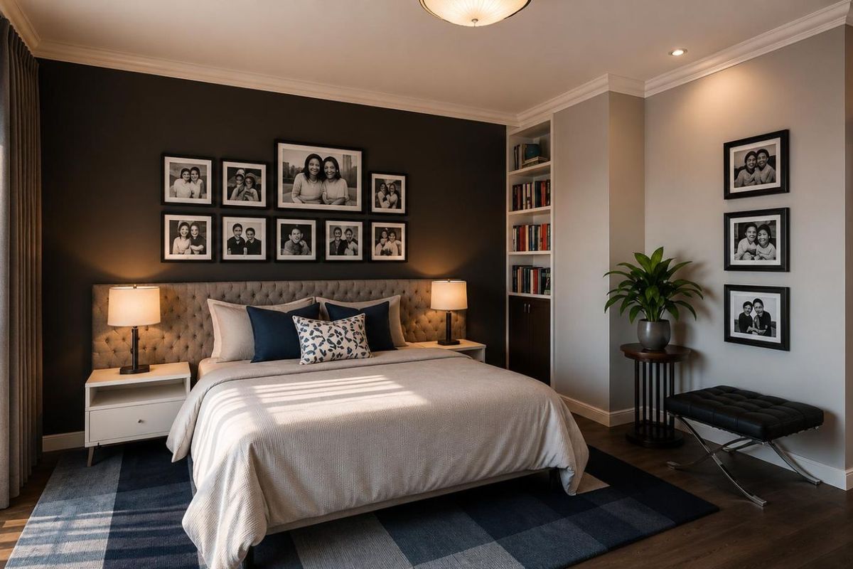 A well-appointed bedroom featuring a built-in floor-to-ceiling bookshelf, crown molding, and a neutral color palette with dark accent wall.