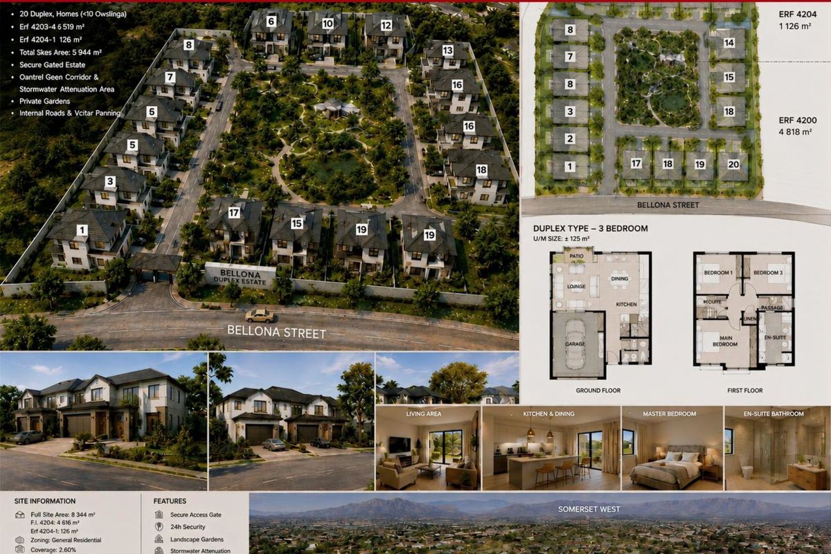 A comprehensive marketing brochure for Bellona Duplex Estate, featuring site plans, floor layouts, and architectural renderings of the proposed residential development.