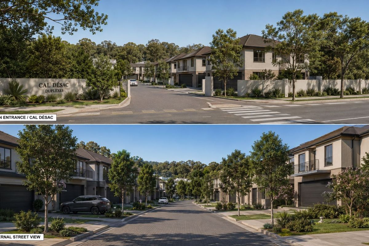 A view of the Cal Désac residential complex, featuring paved internal streets, landscaped gardens, and modern duplex architecture.