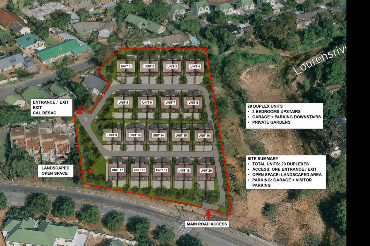 Aerial site plan showing the layout of a 20-unit residential duplex development with landscaped open spaces and designated access points.