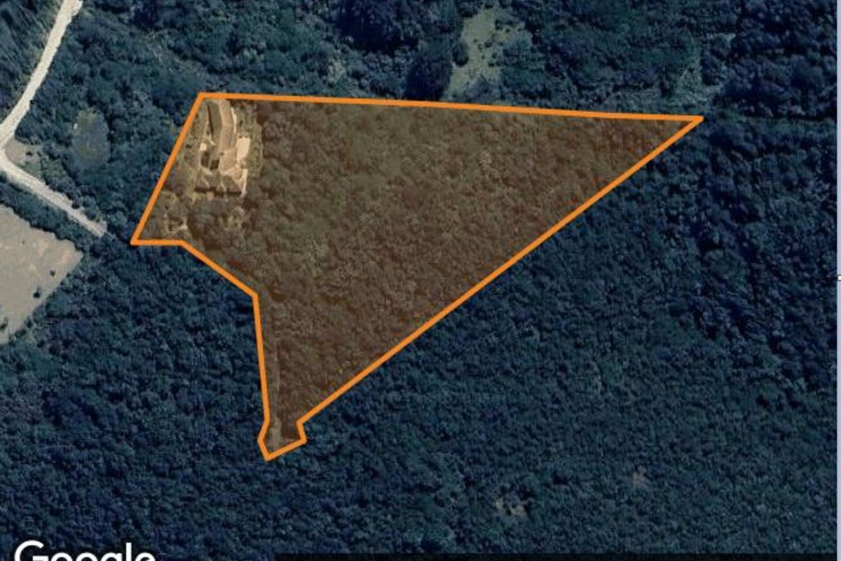 An aerial satellite view showing the property boundary and surrounding forested landscape.