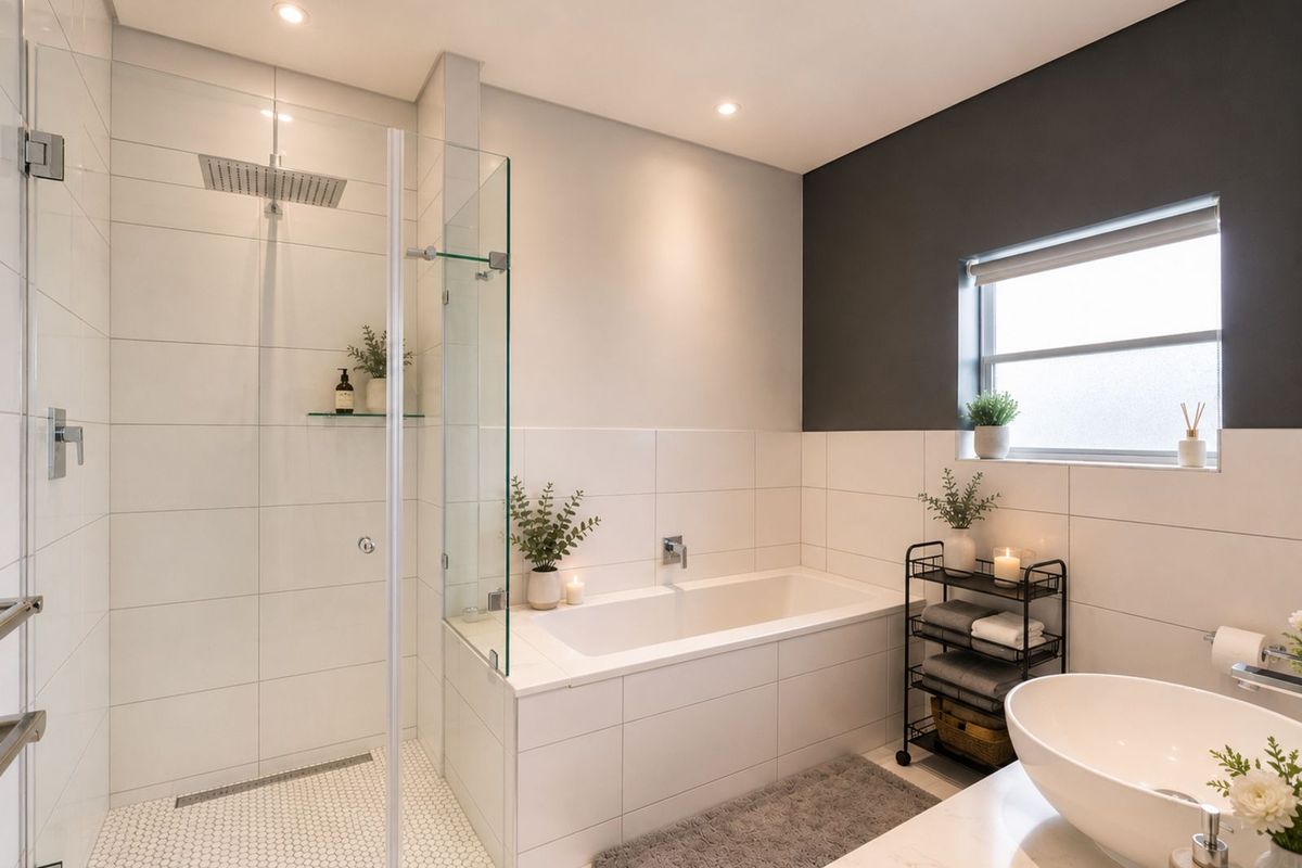 Modern bathroom featuring a glass-enclosed walk-in shower, a built-in bathtub, and a contemporary vessel sink with clean tiled finishes.