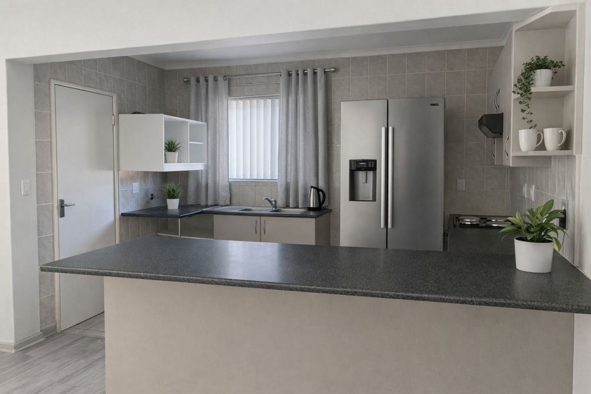 A functional kitchen featuring a breakfast bar, tiled splashbacks, built-in cabinetry, and a double sink, seamlessly integrated into the open-plan living area.
