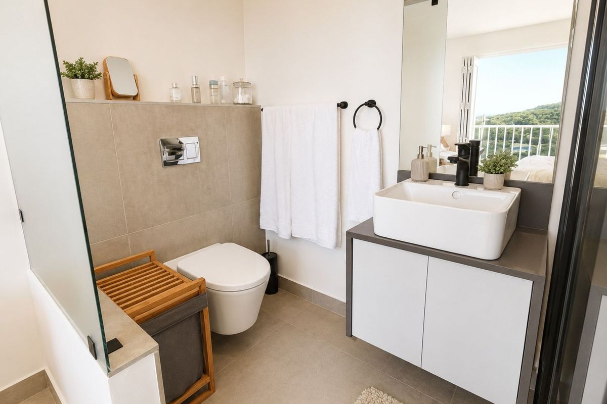 Modern bathroom featuring a wall-mounted toilet, a contemporary vessel sink vanity with matte black fixtures, and a large mirror.