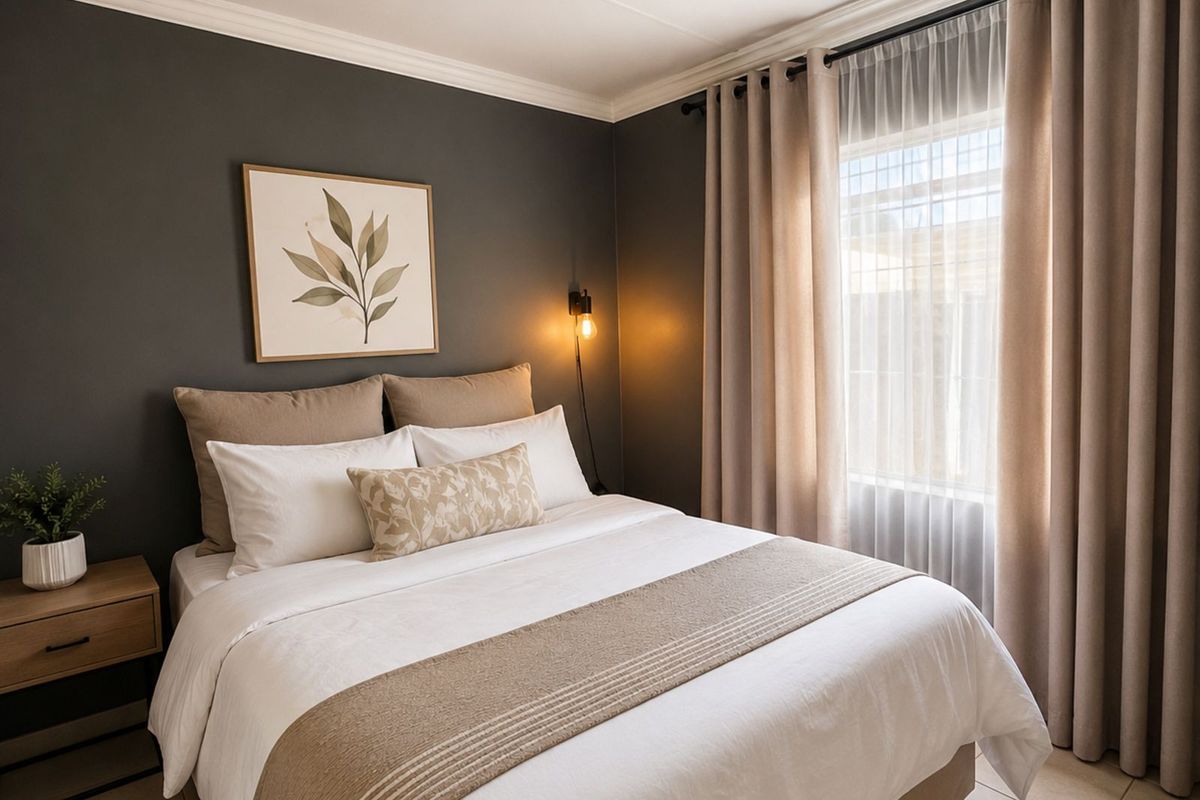 A well-maintained bedroom featuring dark accent walls, tiled flooring, and a window dressed with neutral curtains.
