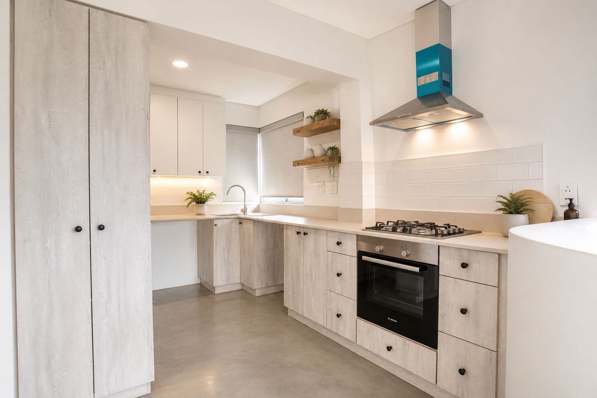 Modern kitchen featuring light wood-grain cabinetry, stone countertops, subway tile backsplash, built-in oven, gas hob, and stainless steel extractor fan.