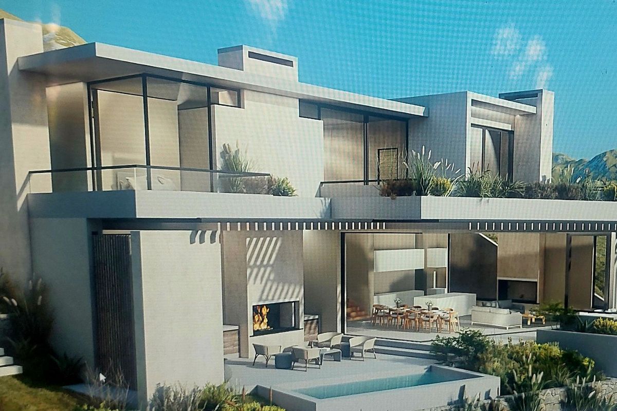A modern architectural rendering of a luxury residence featuring a spacious patio, integrated swimming pool, and expansive glass sliding doors.