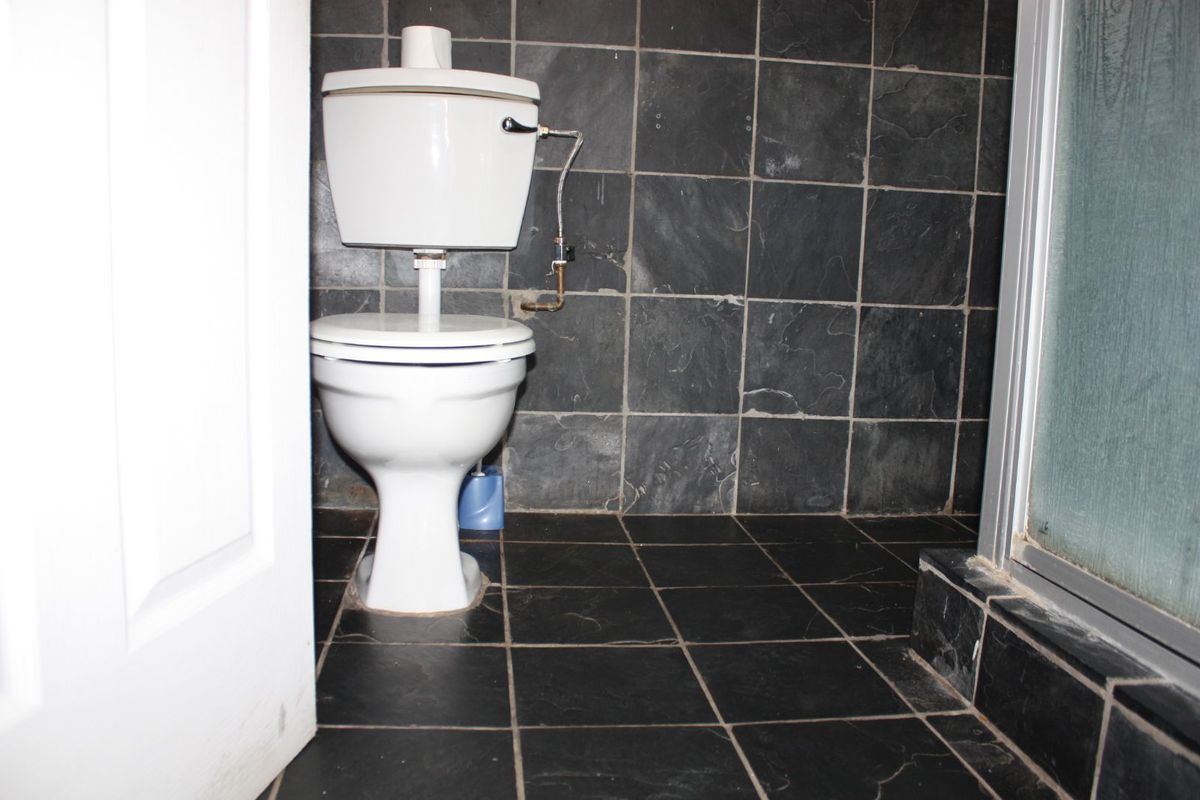 A compact bathroom featuring dark slate-style floor and wall tiling, a standard white toilet, and a shower enclosure.