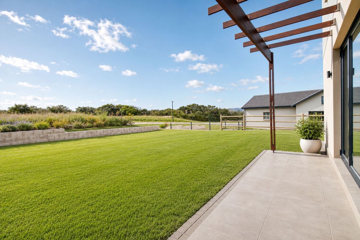 A well-maintained rear garden featuring a paved patio area with a timber pergola, overlooking a landscaped lawn and open estate surroundings.