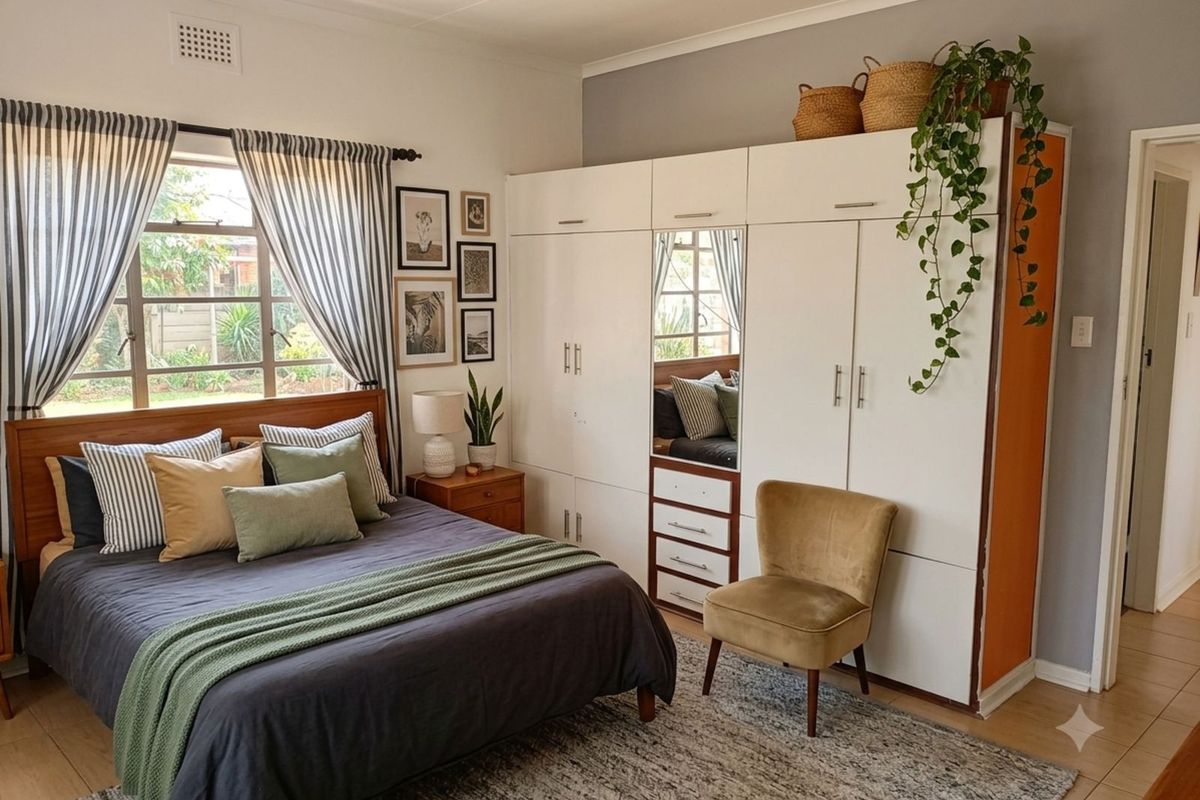 A well-maintained bedroom featuring built-in floor-to-ceiling cabinetry with integrated mirror and large window providing natural light.