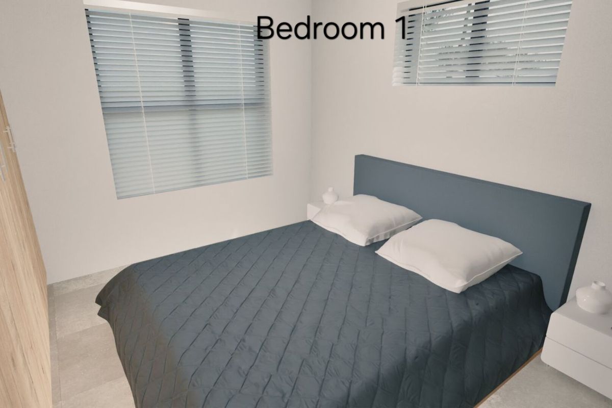 A modern bedroom featuring built-in wooden cabinetry and horizontal window blinds.