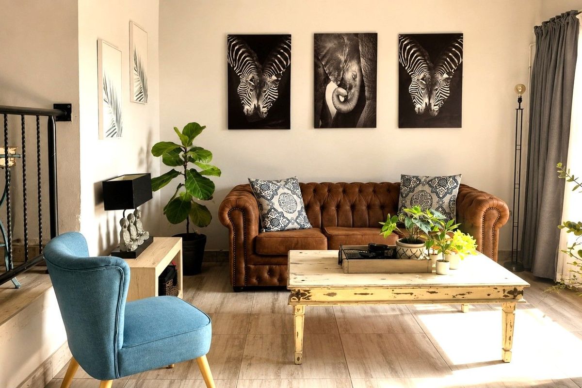 A bright and inviting living room featuring wood-look tile flooring, large windows with curtains, and a staircase with a metal railing.