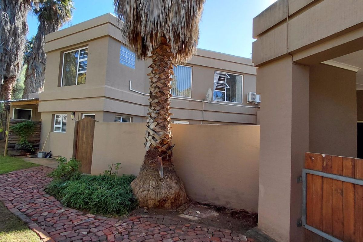 Rear view of the property featuring a paved walkway, mature palm tree, and multi-level exterior facade with window units.