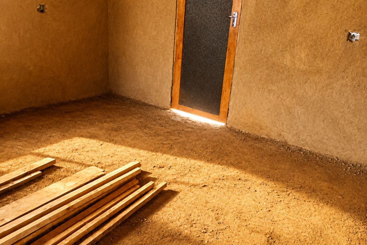 An unfinished interior room featuring raw earth walls, an installed door, and an unpaved dirt floor, currently in a shell construction state.