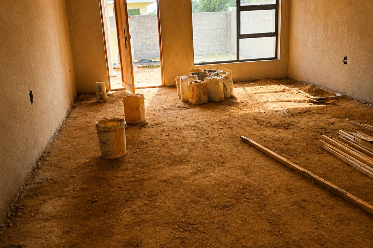 An interior view of a room under construction, featuring exposed roof trusses, unfinished flooring, and installed window and door frames.
