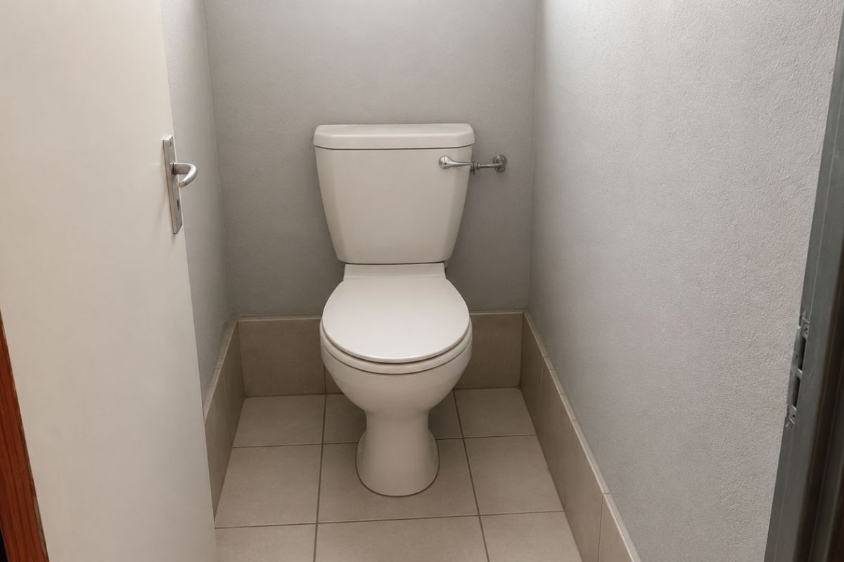 A compact, functional guest toilet featuring neutral wall paint and tiled flooring.