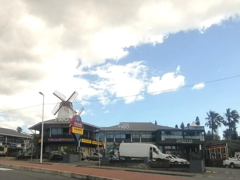 Street view of a commercial complex featuring a distinctive windmill structure and various retail storefronts along the roadside.