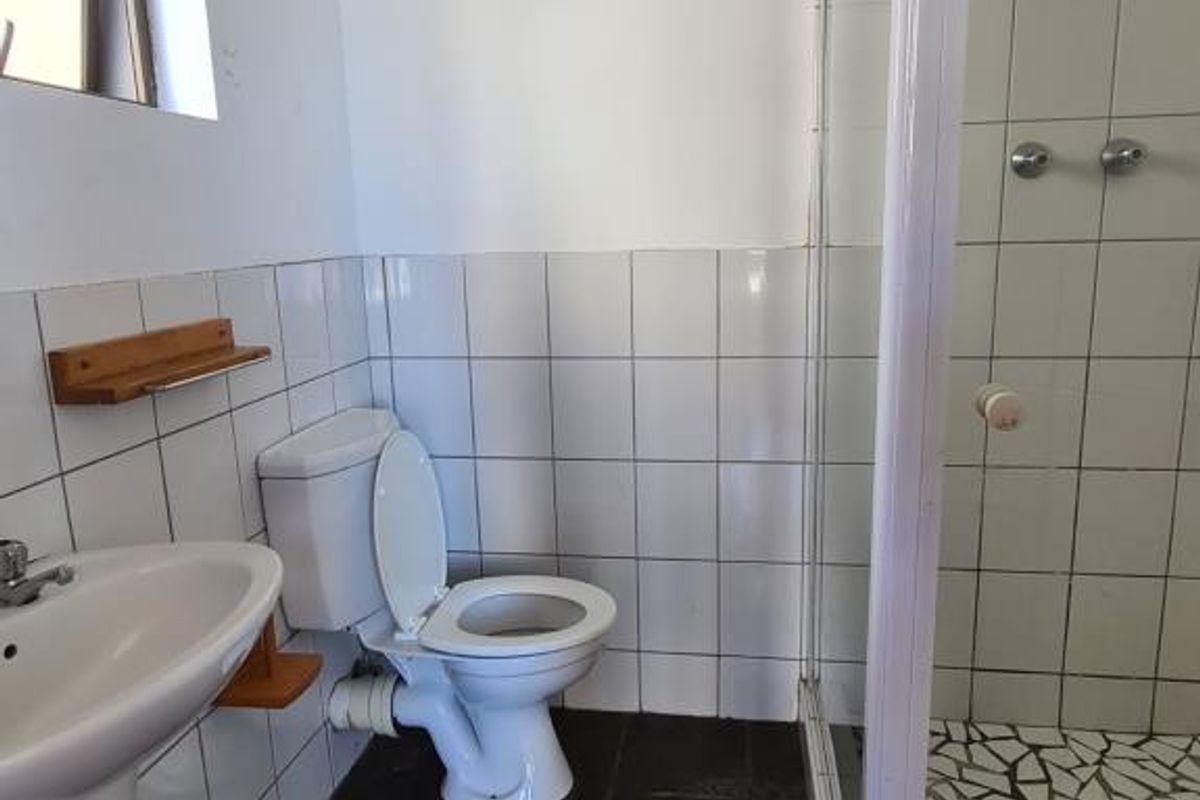 A functional bathroom featuring a pedestal basin, toilet, and a glass-enclosed shower with tiled walls and slate flooring.