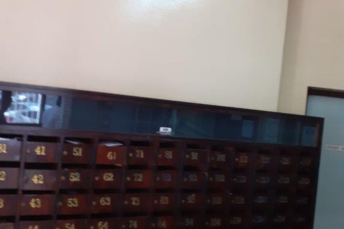 A communal apartment building entrance area featuring a wall-mounted bank of wooden mailboxes.