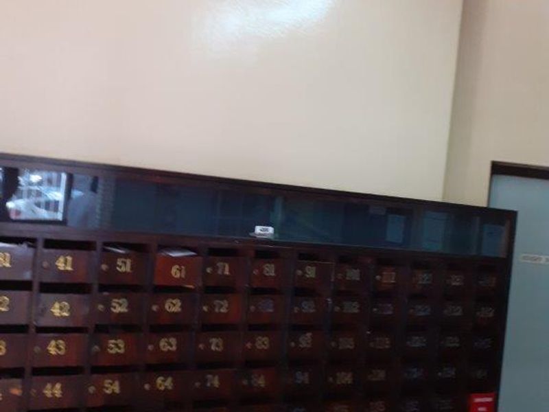 A communal apartment building entrance area featuring a wall-mounted bank of wooden mailboxes.