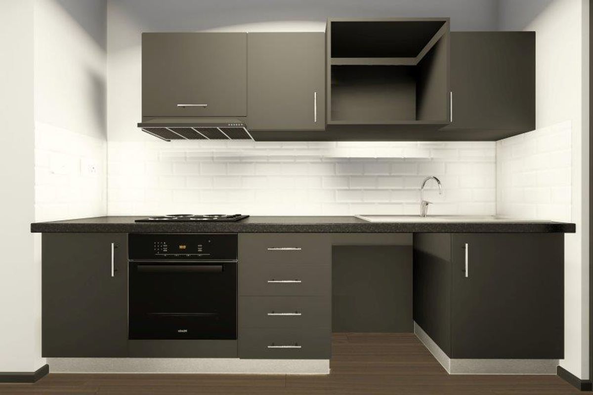 Modern kitchen featuring dark cabinetry, built-in oven, hob, extractor fan, and a clean subway tile backsplash with a stainless steel sink.