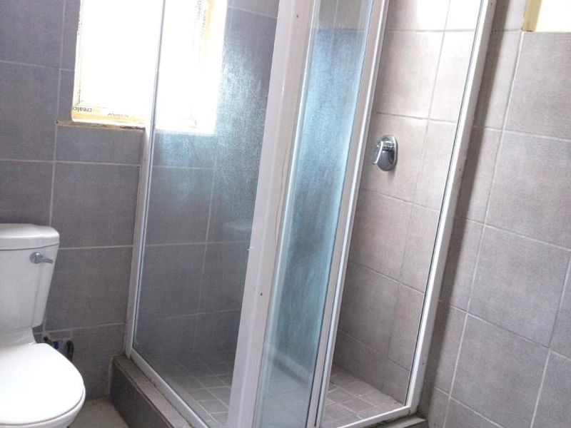 A compact bathroom featuring a tiled shower enclosure, a standard toilet, and grey wall tiling with visible maintenance requirements.