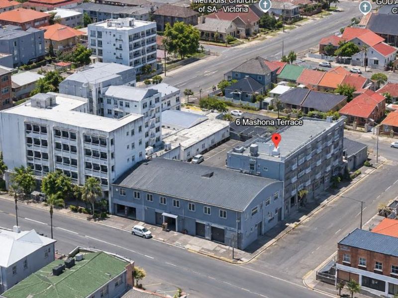 Aerial view of the apartment building located at 6 Mashona Terrace, showing the surrounding urban neighborhood and street layout.