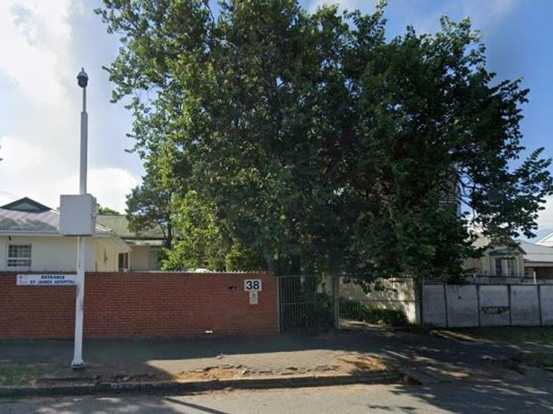 Street view of the property frontage featuring a brick boundary wall, security gate, and mature trees along the sidewalk.