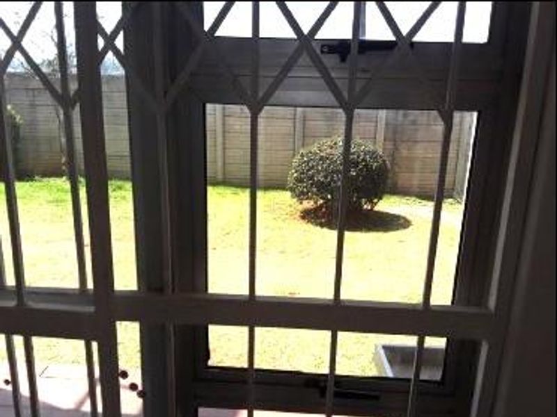 View looking out from an interior space through a security gate and window towards a private garden with a boundary wall.