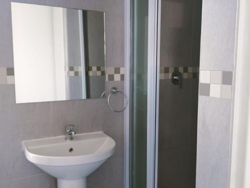 A clean, modern bathroom featuring a pedestal basin, wall-mounted mirror, and a glass-enclosed shower with neutral grey wall tiling.