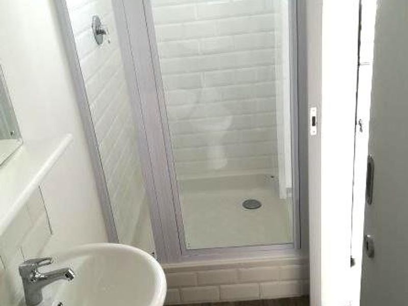 A clean, compact bathroom featuring a glass-enclosed shower with white subway tiling, a pedestal sink, and modern wood-look flooring.