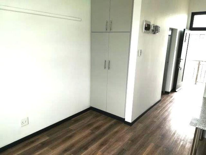 A clean, empty hallway featuring modern laminate flooring and a built-in storage cupboard, leading towards an exterior entrance.
