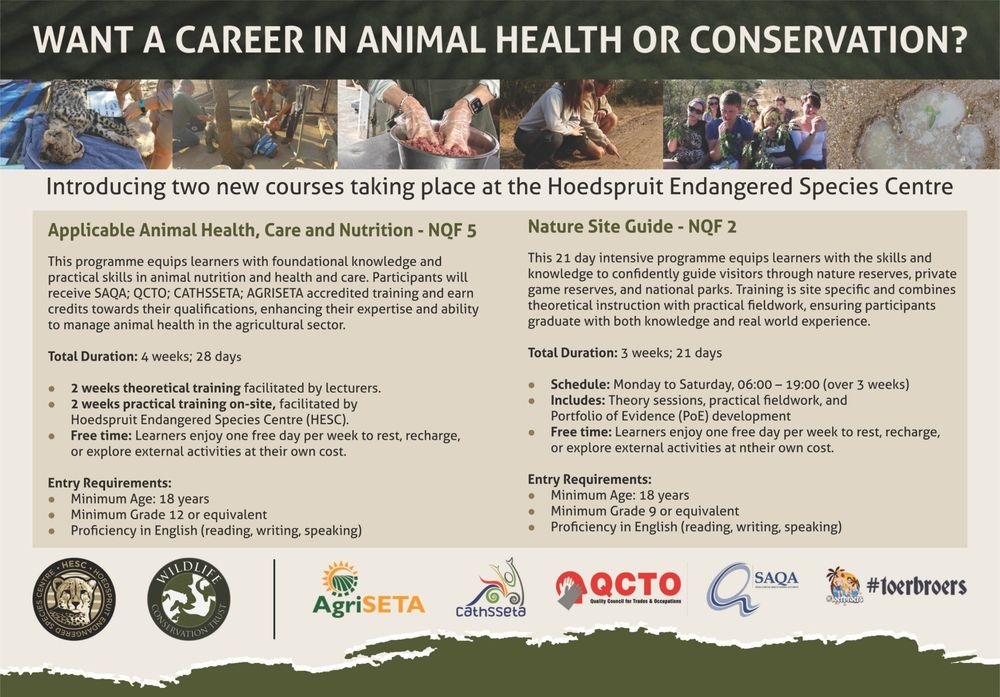 Looking for a career in Animal Health or Conservation? Get in touch with Wildlife Conservation Trust and Hoedspruit Endangered Species Centre