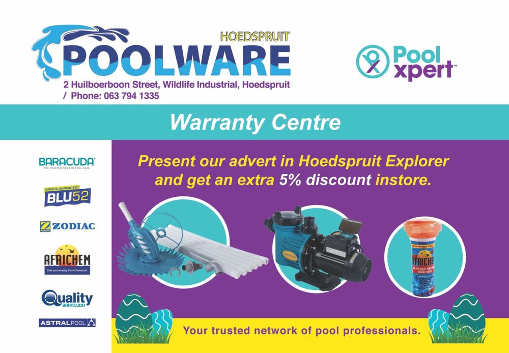 5% discount in store when presenting the Poolware Hoedspruit advert - Your trusted network of pool professionals.