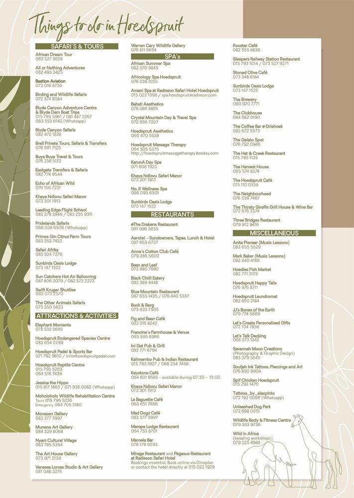 Telephone directory for activities, safari and tours, attractions, spa treatments and restaurants in and around Hoedspruit